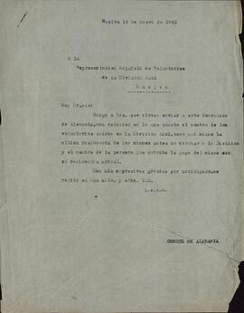 Fotocopia de carta del Cónsul de Alemania a la Representación Española de Voluntarios de la División Azul en Huelva, en la que se solicita el nombre de voluntarios caídos, residencia antes de marchar, nombre y dirección de la persona que cobraba la paga, 14 de enero de 1943.