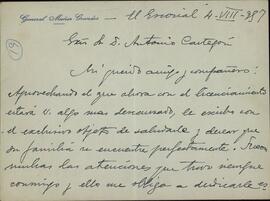Muñoz Grandes, Agustín. A Antonio Castejón. El Escorial, 4 agosto 1957