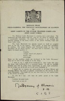 Montgomery, Bernard Law. "Mensaje del Mariscal de campo el vizconde Montgomery de Alamein a los cadetes de la armada en el cuerpo junior de entrenamiento y fuerzas armadas"