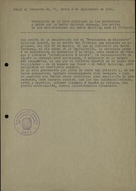 Consulado español en Oslo. Nota de prensa en respuesta a las declaraciones de Quisling