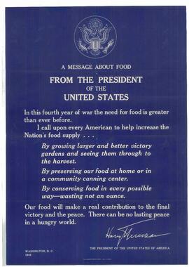 "Mensaje sobre alimentos del Presidente de los EE.UU.". 1945